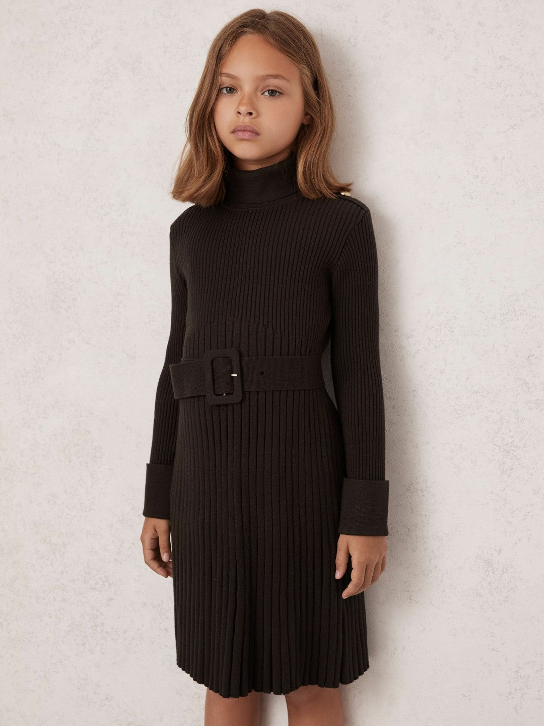 13-14 yrs Rib-Knit Roll-Neck Belted Dress Chocolate | Children