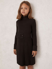 13-14 yrs Rib-Knit Roll-Neck Belted Dress Chocolate | Children