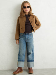 13-14 yrs Wool-Blend Cropped Collarless Jacket Camel | Children