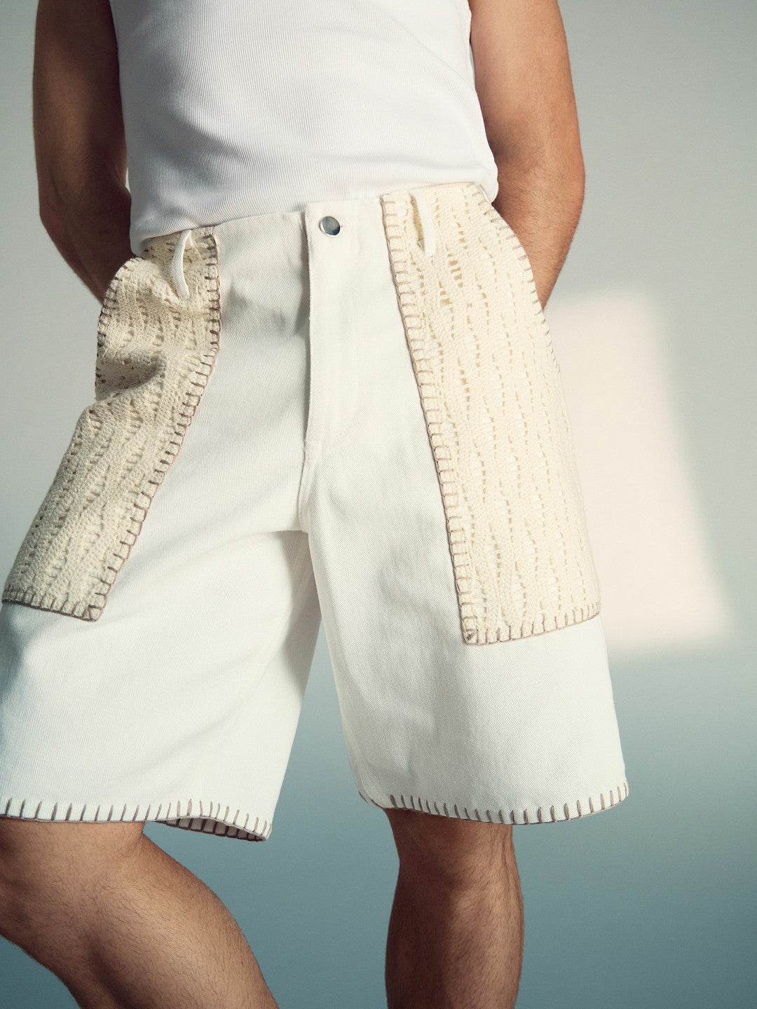 | Tom Daley Crochet Denim Shorts Off White | Mens