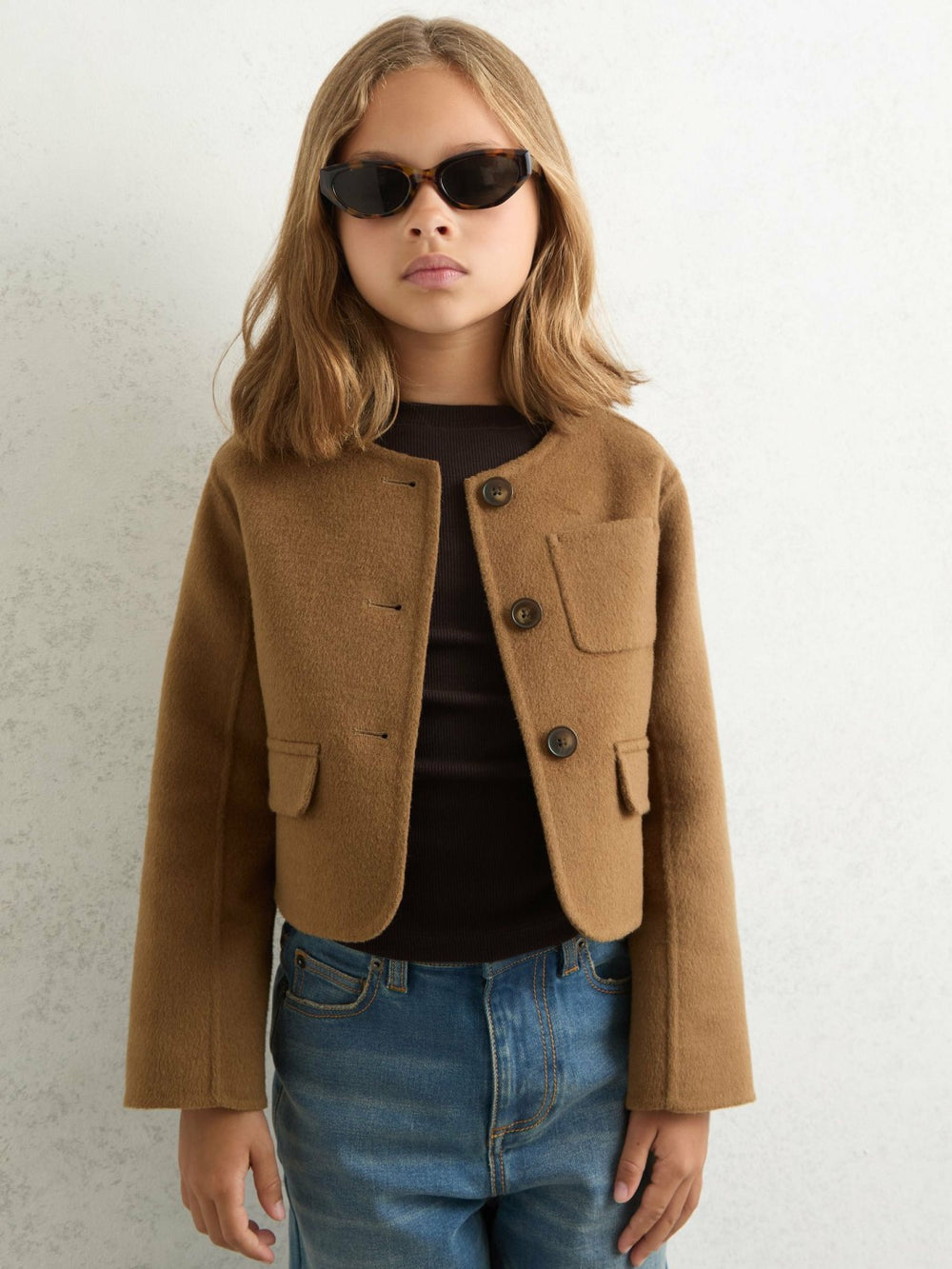 9-13 yrs Wool-Blend Cropped Collarless Jacket Camel | Children