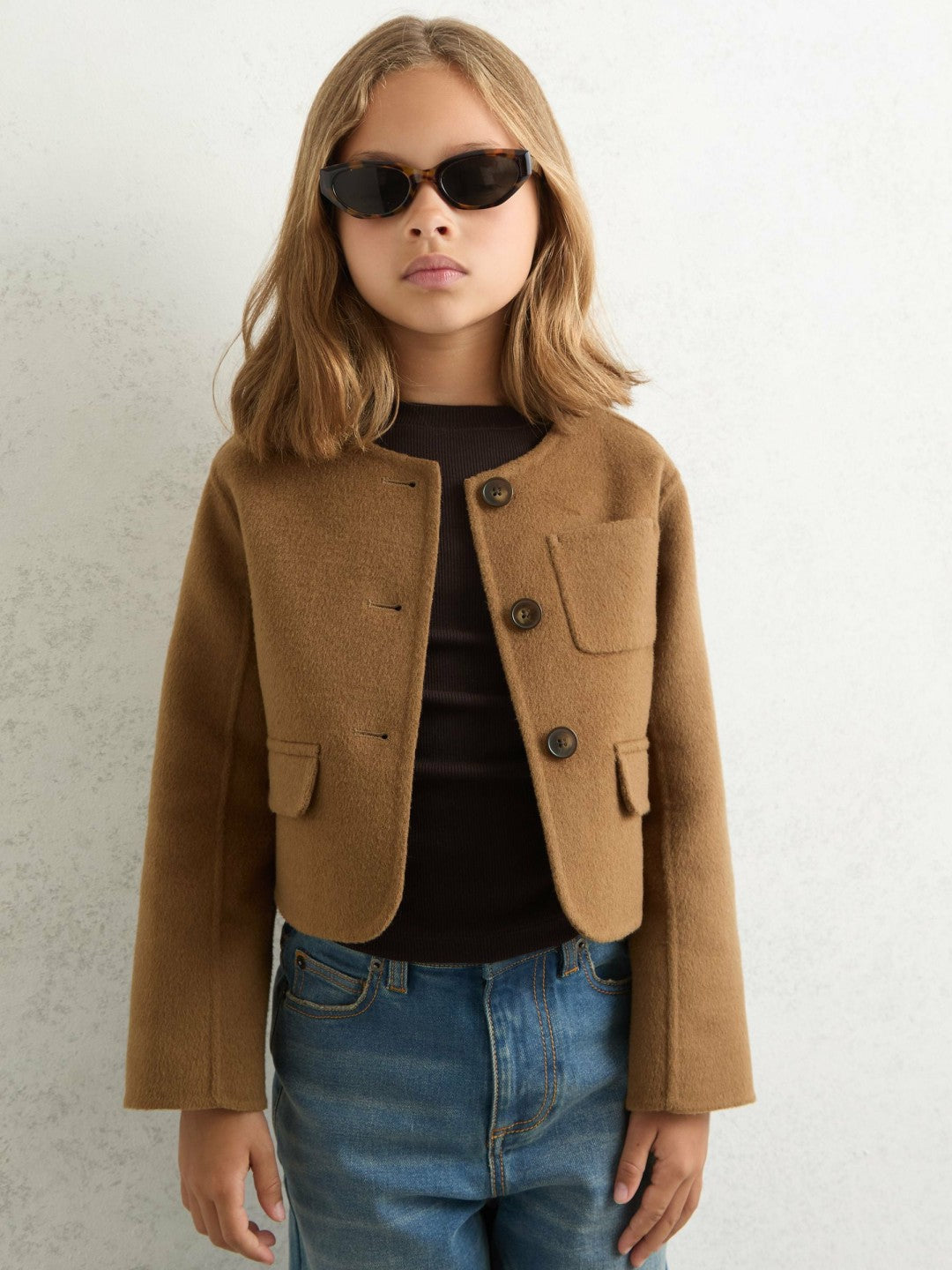 3-9 yrs Wool-Blend Cropped Collarless Jacket Camel | Children