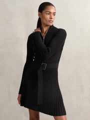 Rib-Knit Belted Half-Zip Flippy Dress Black | Womens