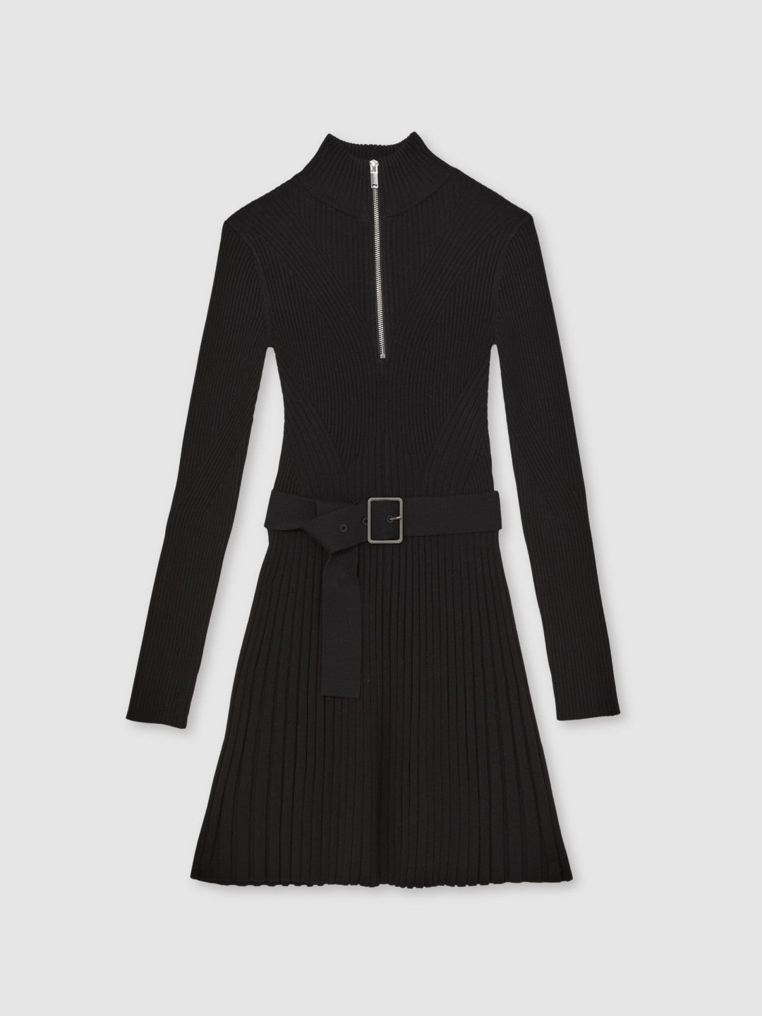 Rib-Knit Belted Half-Zip Flippy Dress Black | Womens