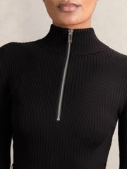 Rib-Knit Belted Half-Zip Flippy Dress Black | Womens