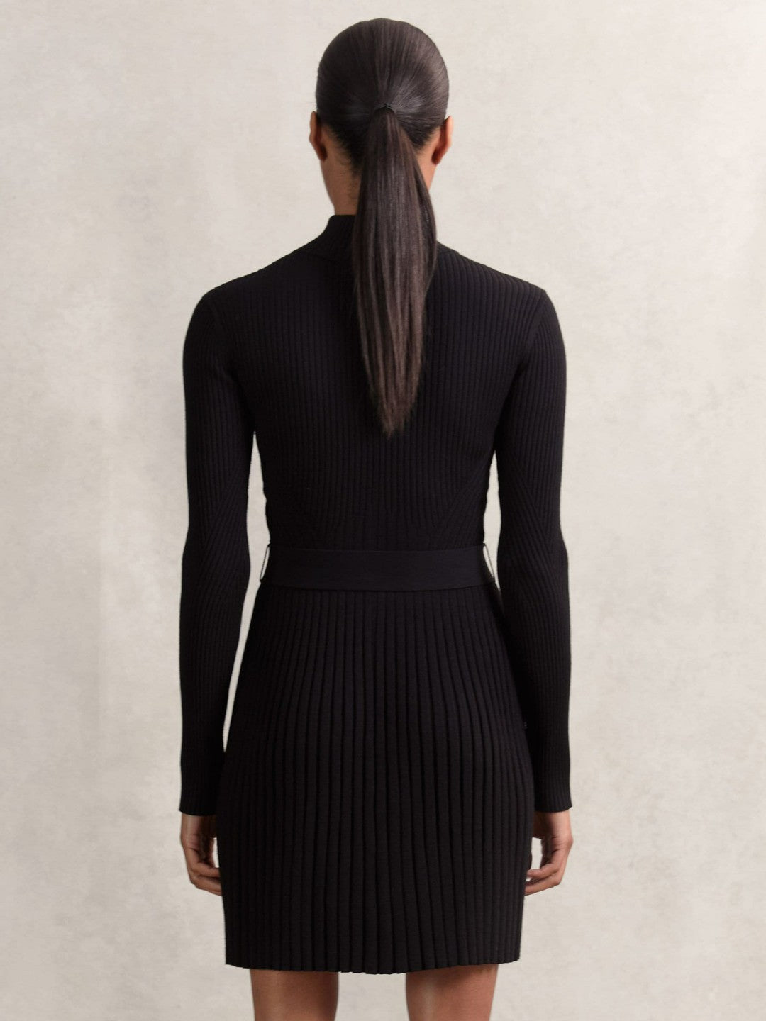 Rib-Knit Belted Half-Zip Flippy Dress Black | Womens