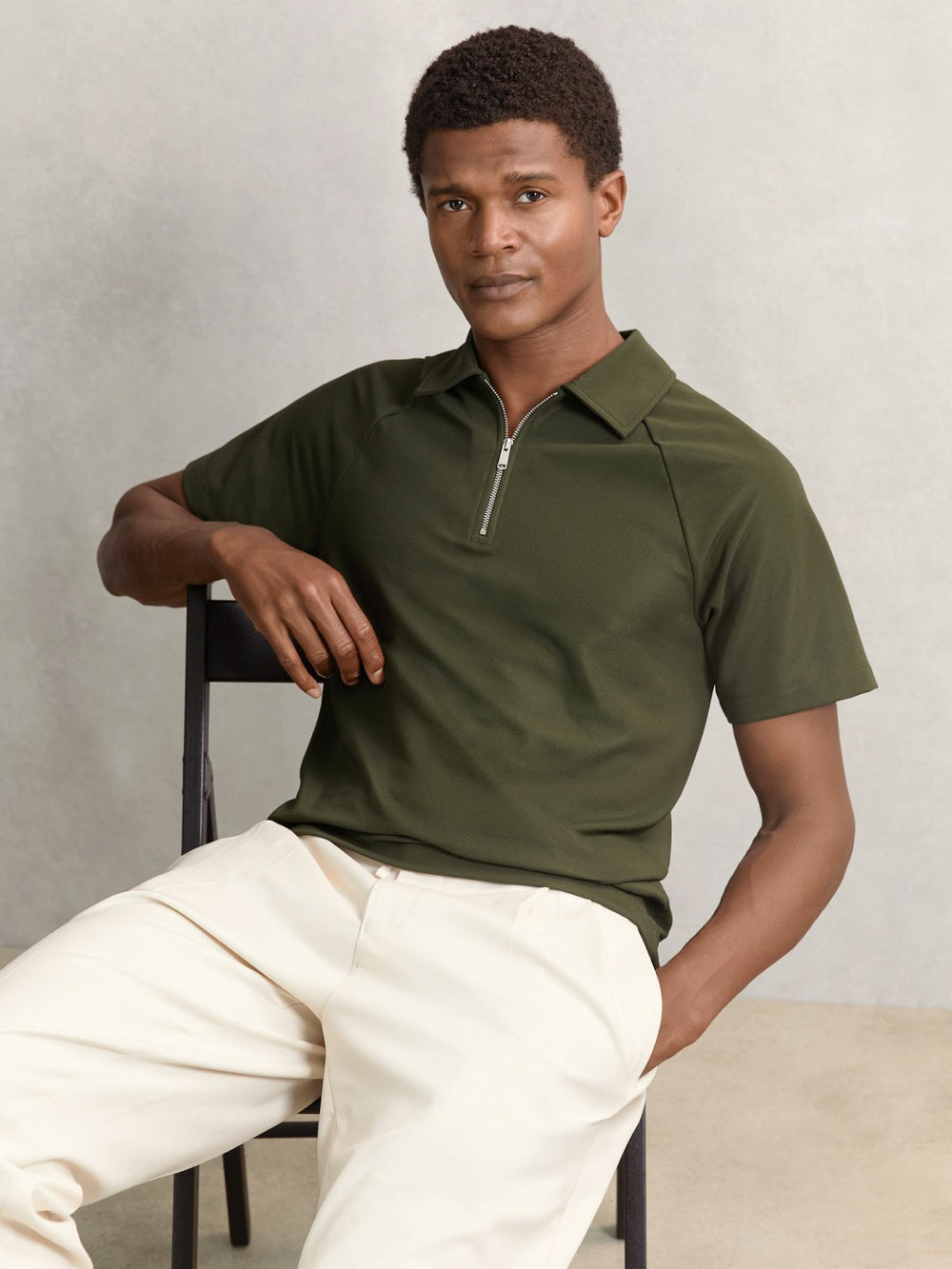 Textured Raglan Half-Zip Polo Shirt Green | Mens