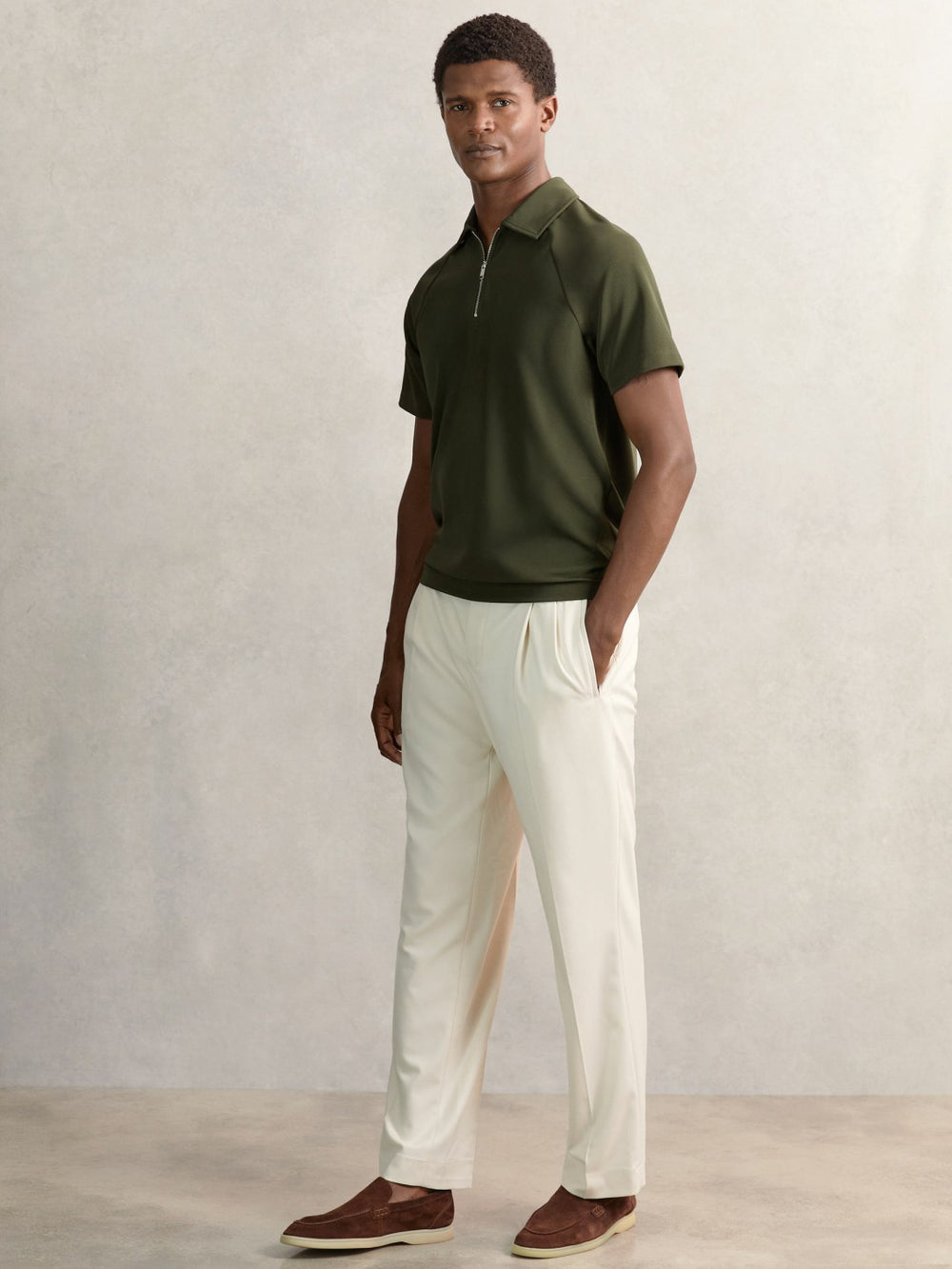 Textured Raglan Half-Zip Polo Shirt Green | Mens