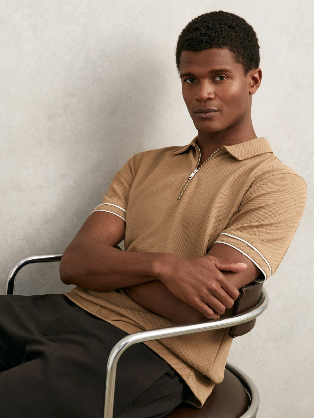 Textured Half-Zip Tipped Polo Shirt Camel | Mens