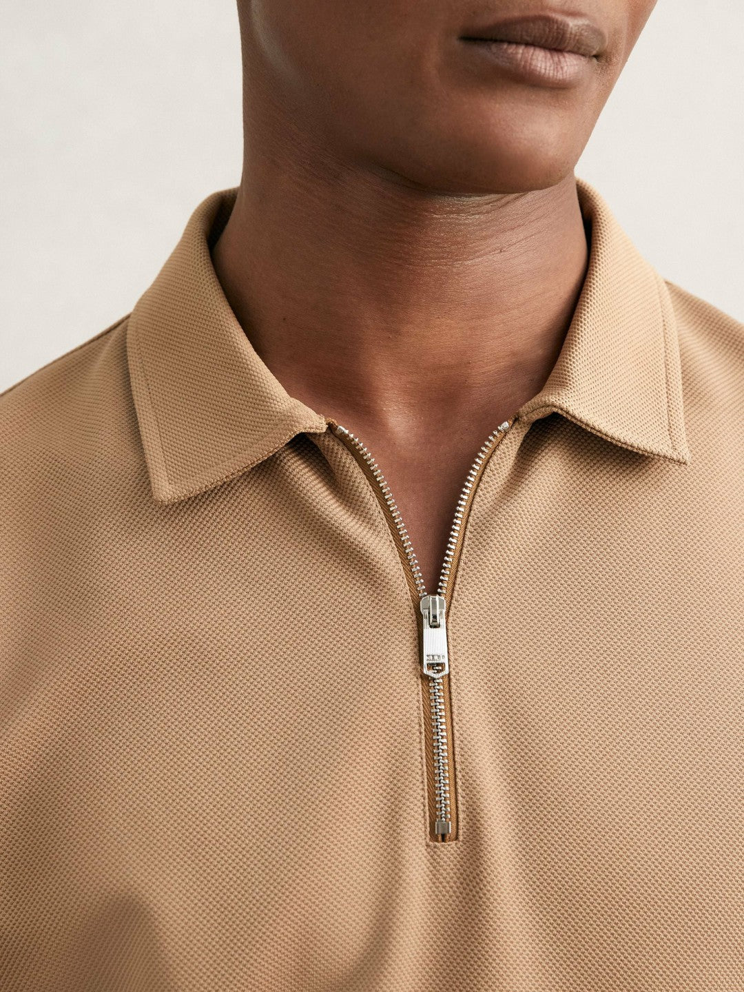 Textured Half-Zip Tipped Polo Shirt Camel | Mens