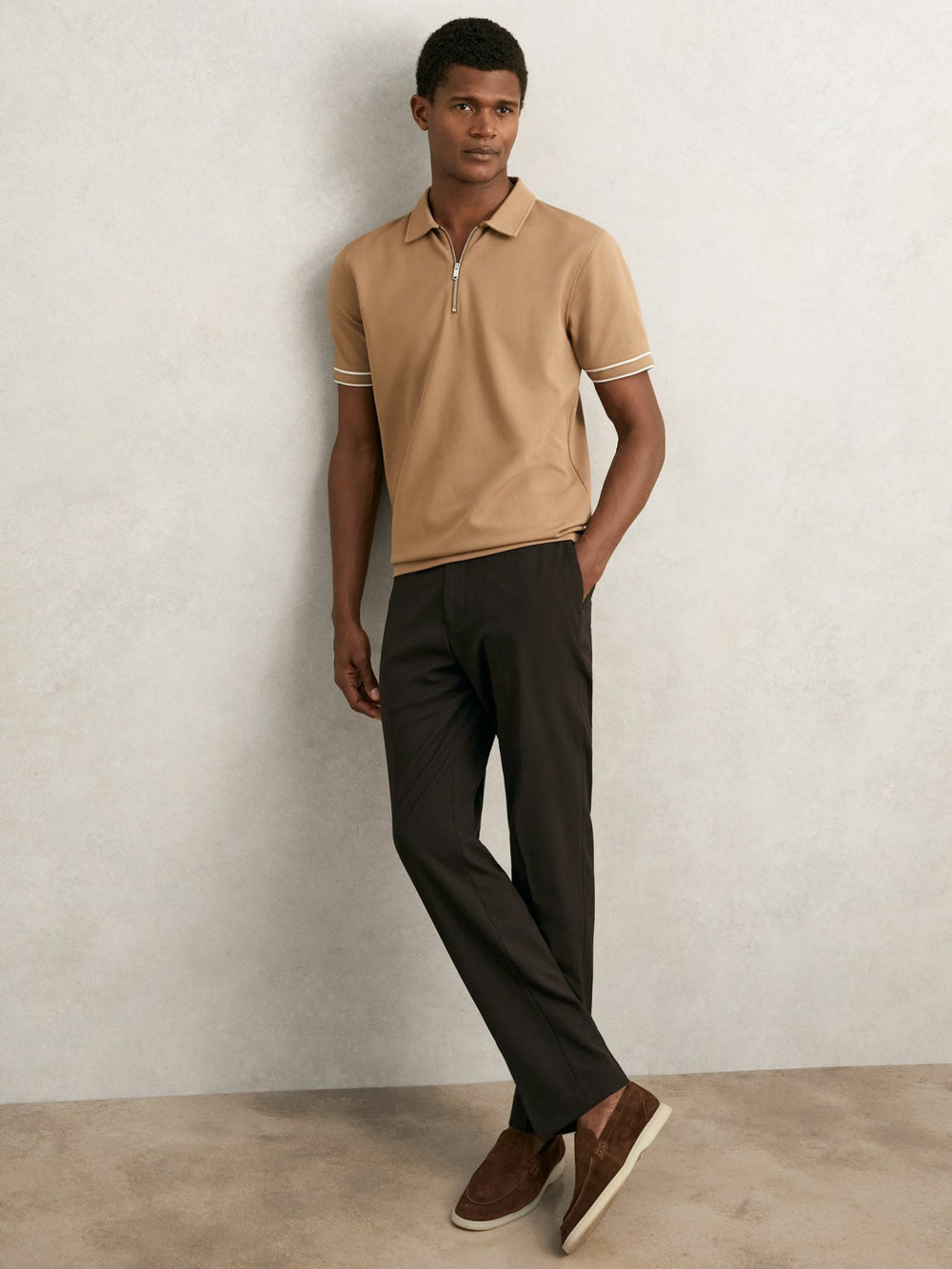 Textured Half-Zip Tipped Polo Shirt Camel | Mens