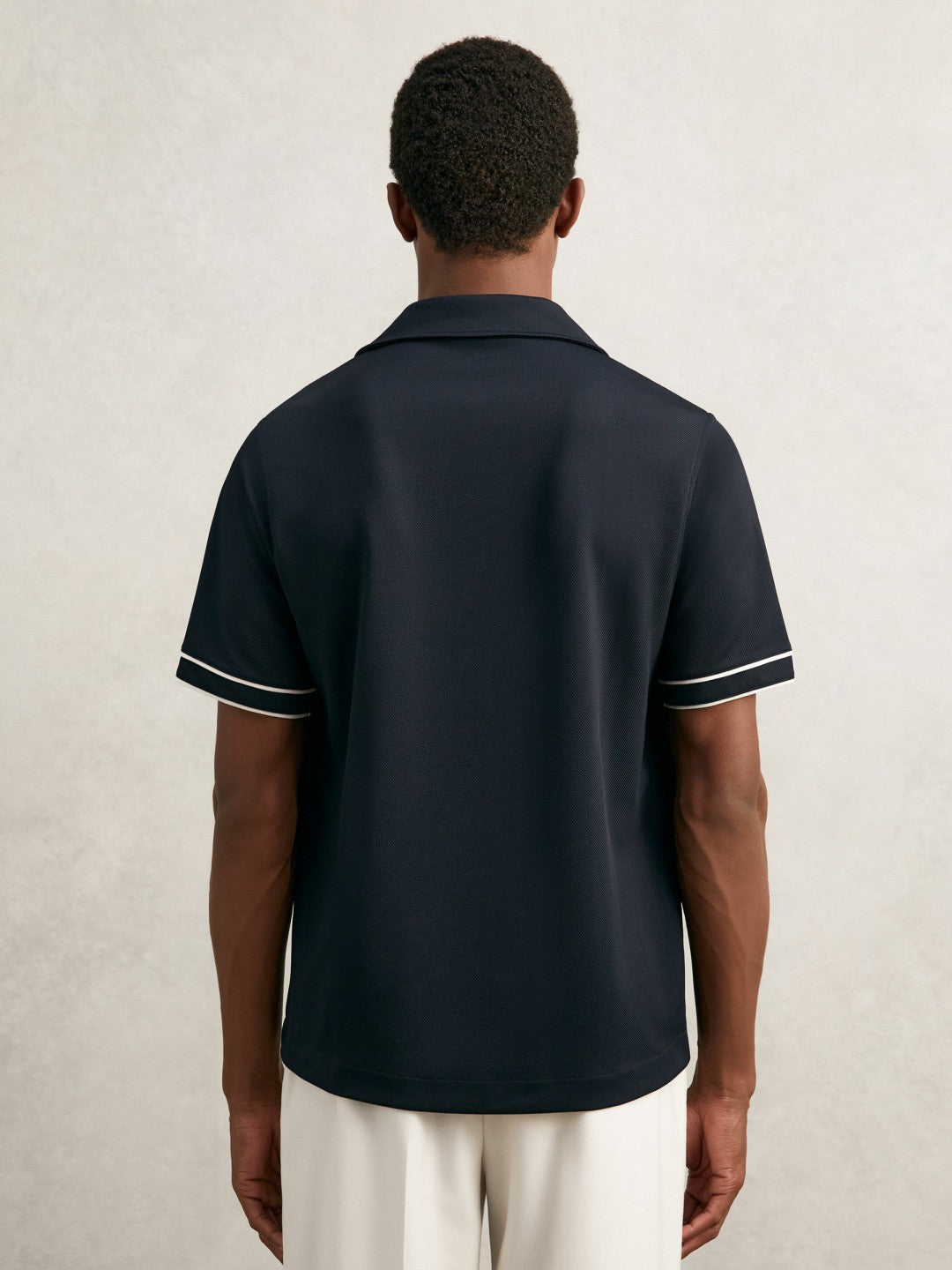 Piped-Stripe Cuban-Collar Shirt Navy/White | Mens