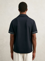 Piped-Stripe Cuban-Collar Shirt Navy/White | Mens