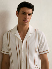 Piped-Stripe Cuban-Collar Shirt White/Camel | Mens