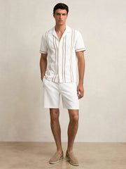 Piped-Stripe Cuban-Collar Shirt White/Camel | Mens