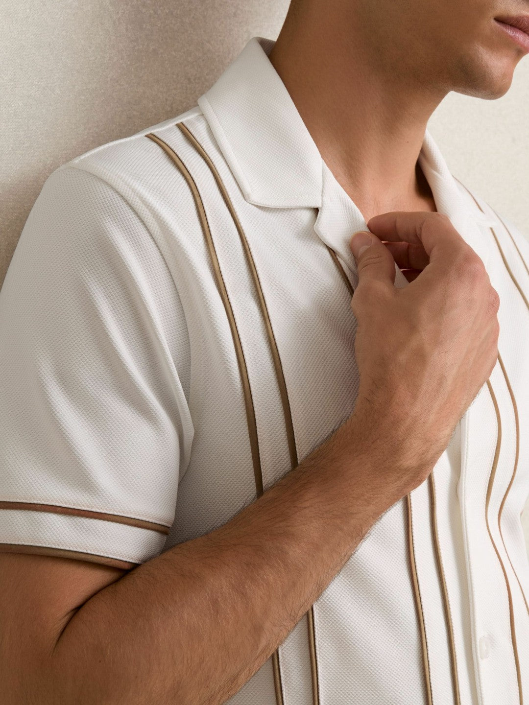 Piped-Stripe Cuban-Collar Shirt White/Camel | Mens