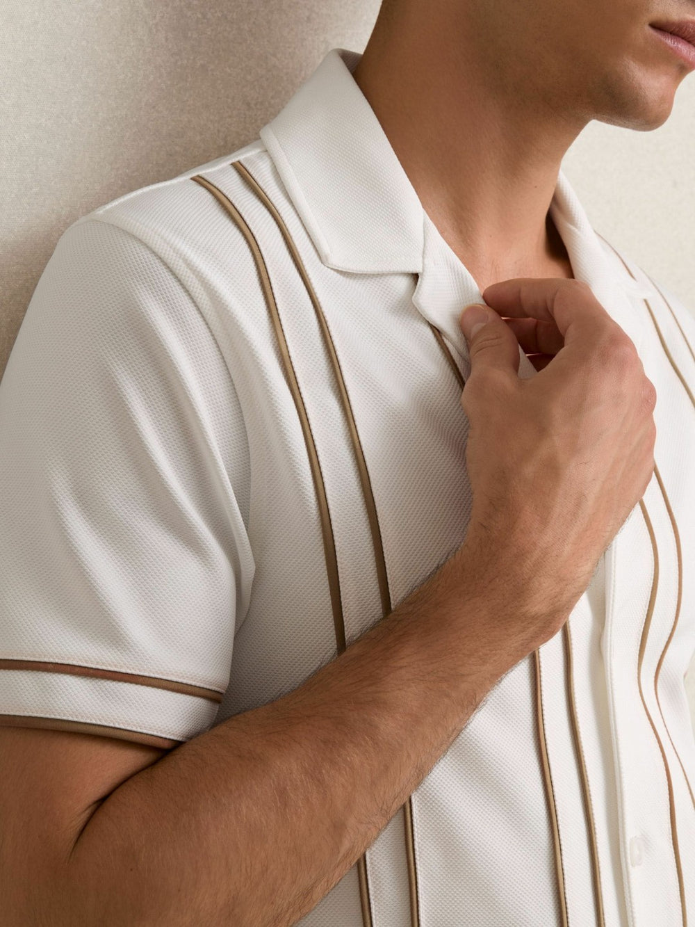 Piped-Stripe Cuban-Collar Shirt White/Camel | Mens