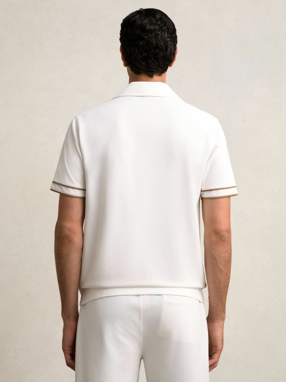 Piped-Stripe Cuban-Collar Shirt White/Camel | Mens