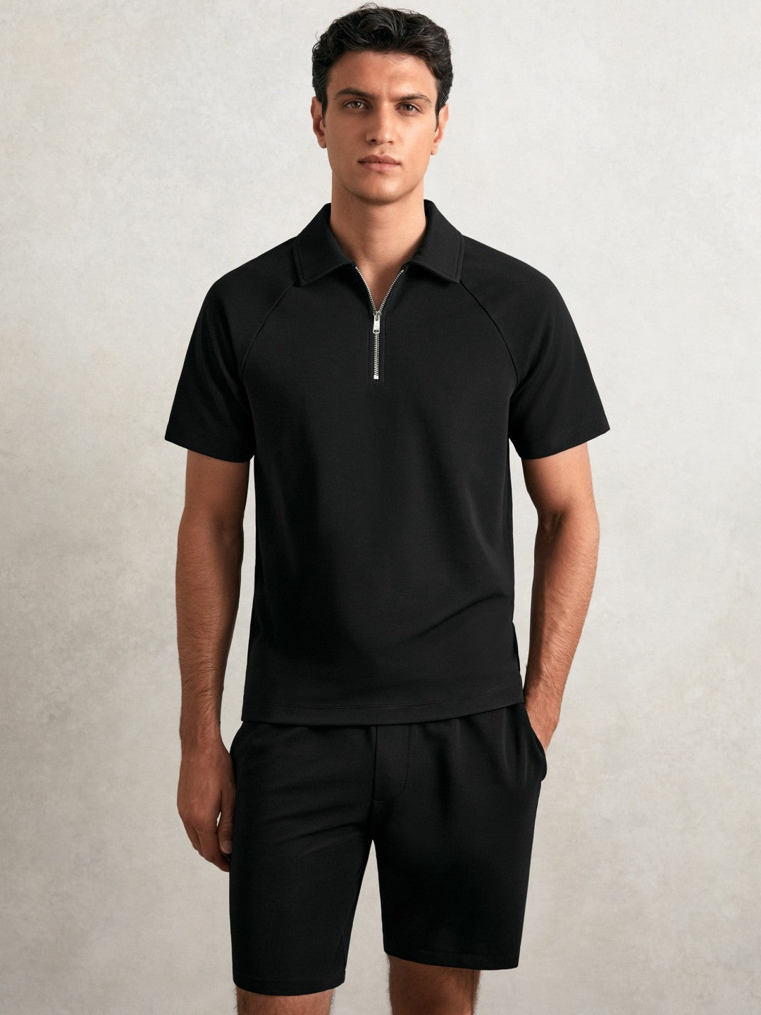 Textured Raglan Half-Zip Polo Shirt Black | Mens