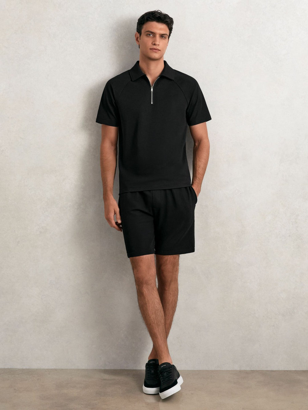 Textured Raglan Half-Zip Polo Shirt Black | Mens