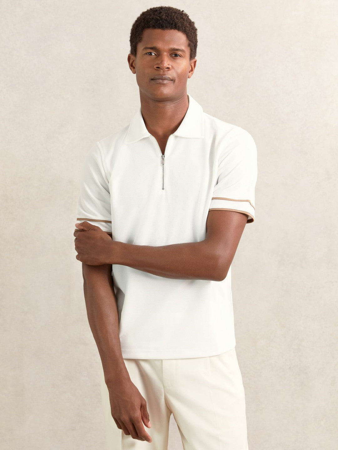 Textured Half-Zip Tipped Polo Shirt White | Mens