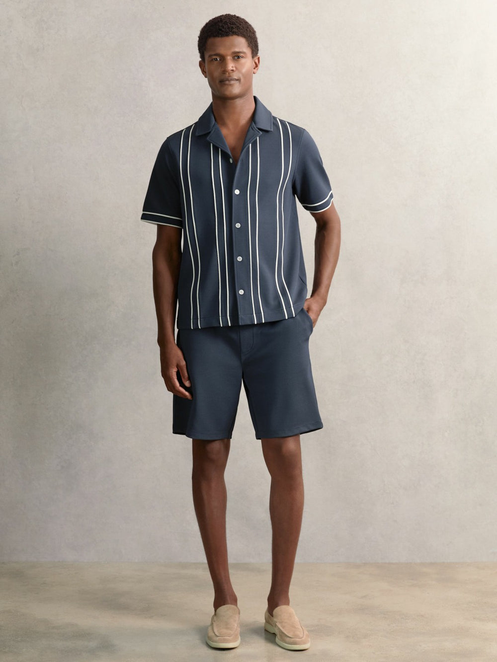 Piped-Stripe Cuban-Collar Shirt Airforce Blue | Mens