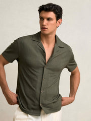 Jacquard-Stripe Cuban-Collar Shirt Dark Green | Mens