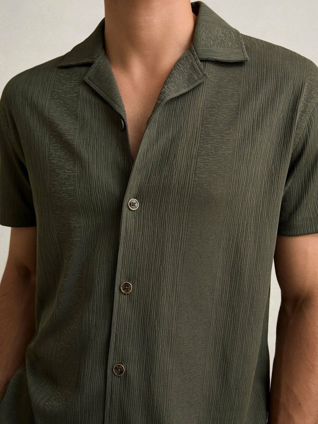 Jacquard-Stripe Cuban-Collar Shirt Dark Green | Mens