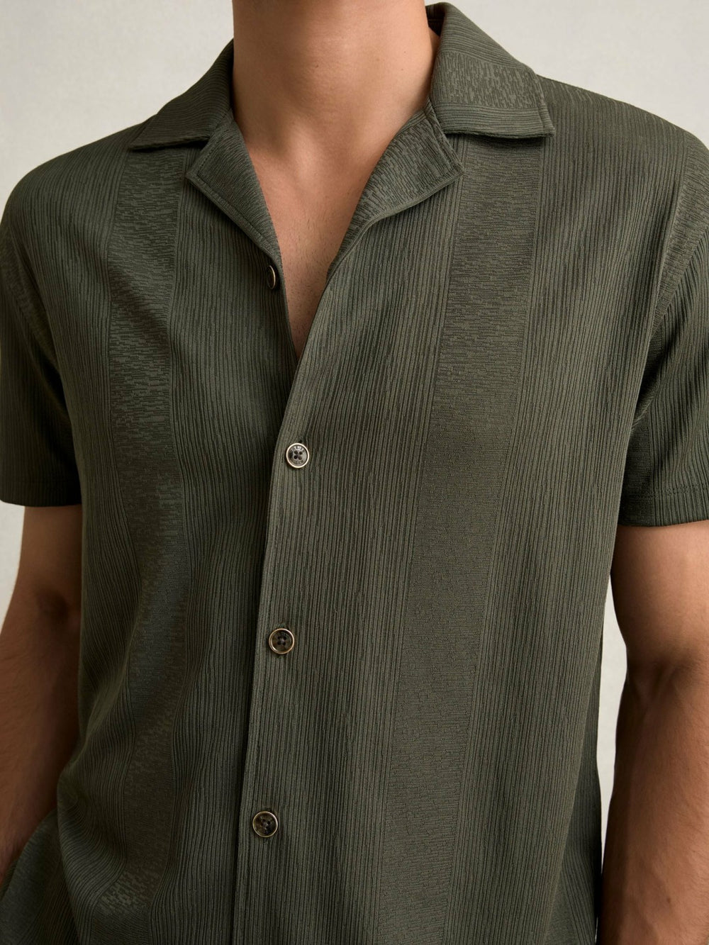 Jacquard-Stripe Cuban-Collar Shirt Dark Green | Mens