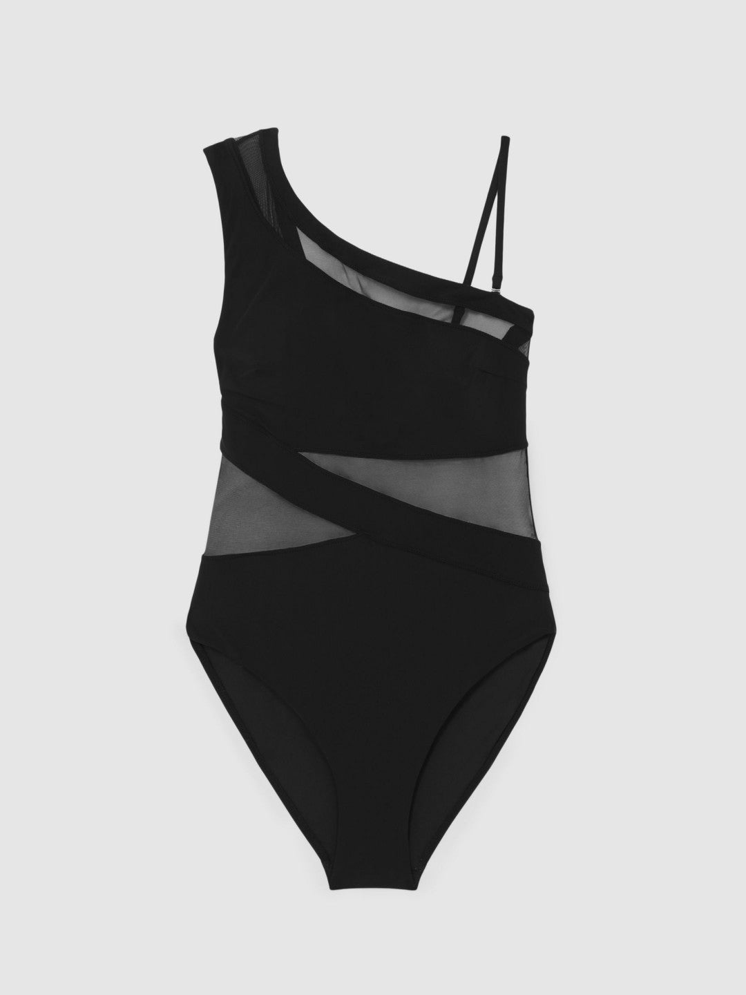 One Shoulder Mesh Panel Swimsuit Black | Womens