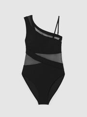 One Shoulder Mesh Panel Swimsuit Black | Womens