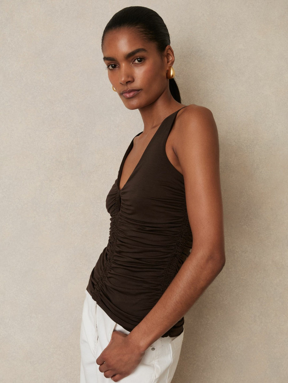 Stretch Lyocell Jersey Ruched Vest Chocolate Brown | Womens
