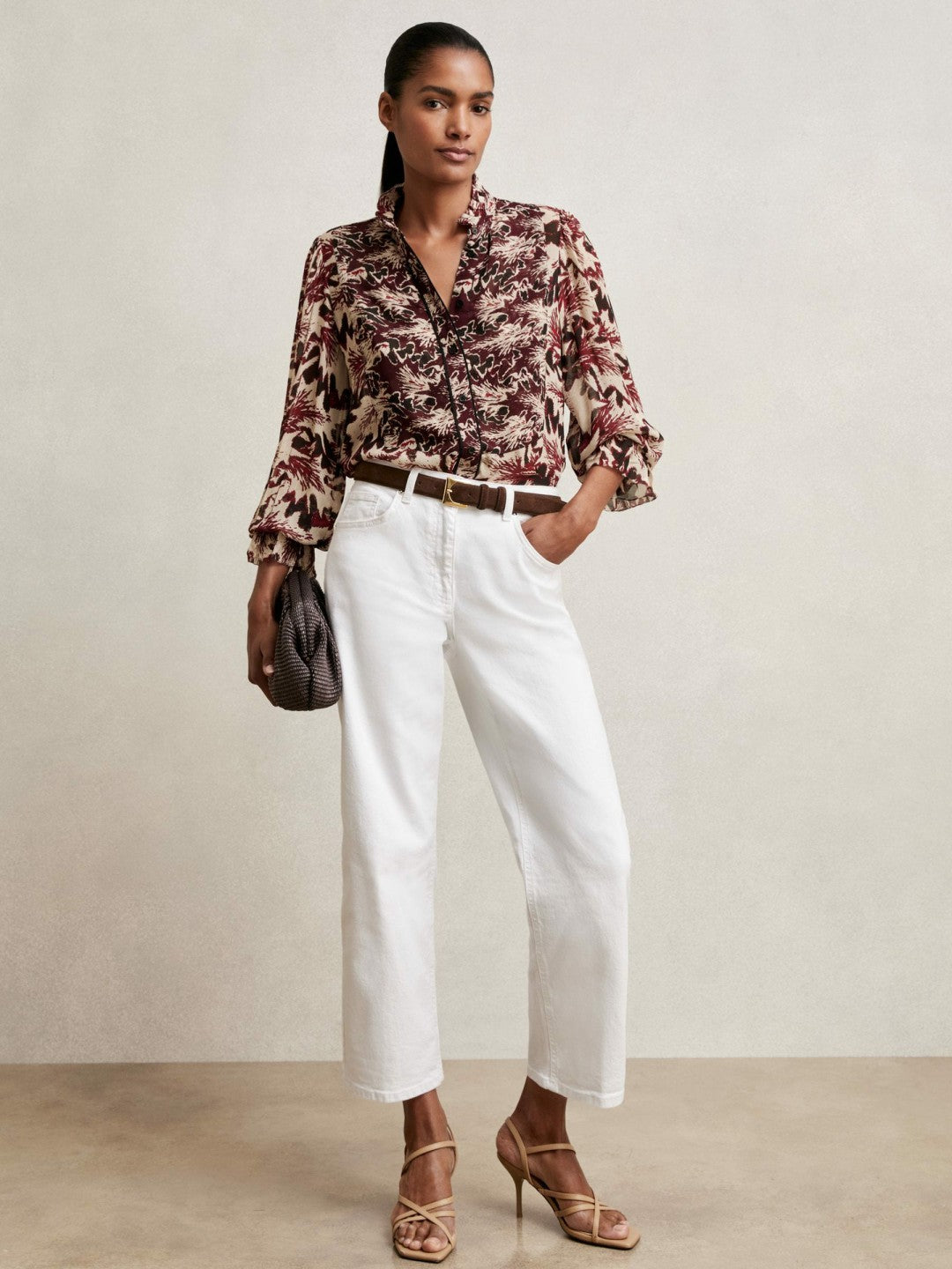 Abstract-Print Ruffle-Neck Shirt Burgundy/Cream | Womens