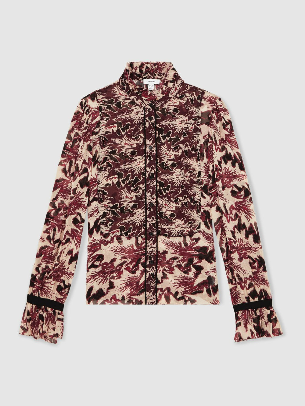 Abstract-Print Ruffle-Neck Shirt Burgundy/Cream | Womens