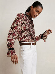 Abstract-Print Ruffle-Neck Shirt Burgundy/Cream | Womens
