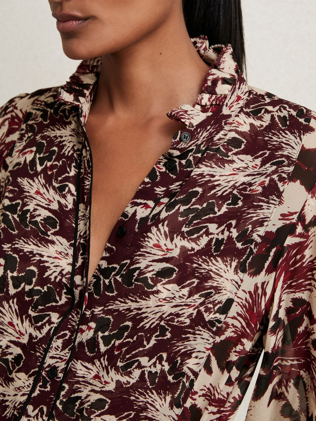 Abstract-Print Ruffle-Neck Shirt Burgundy/Cream | Womens
