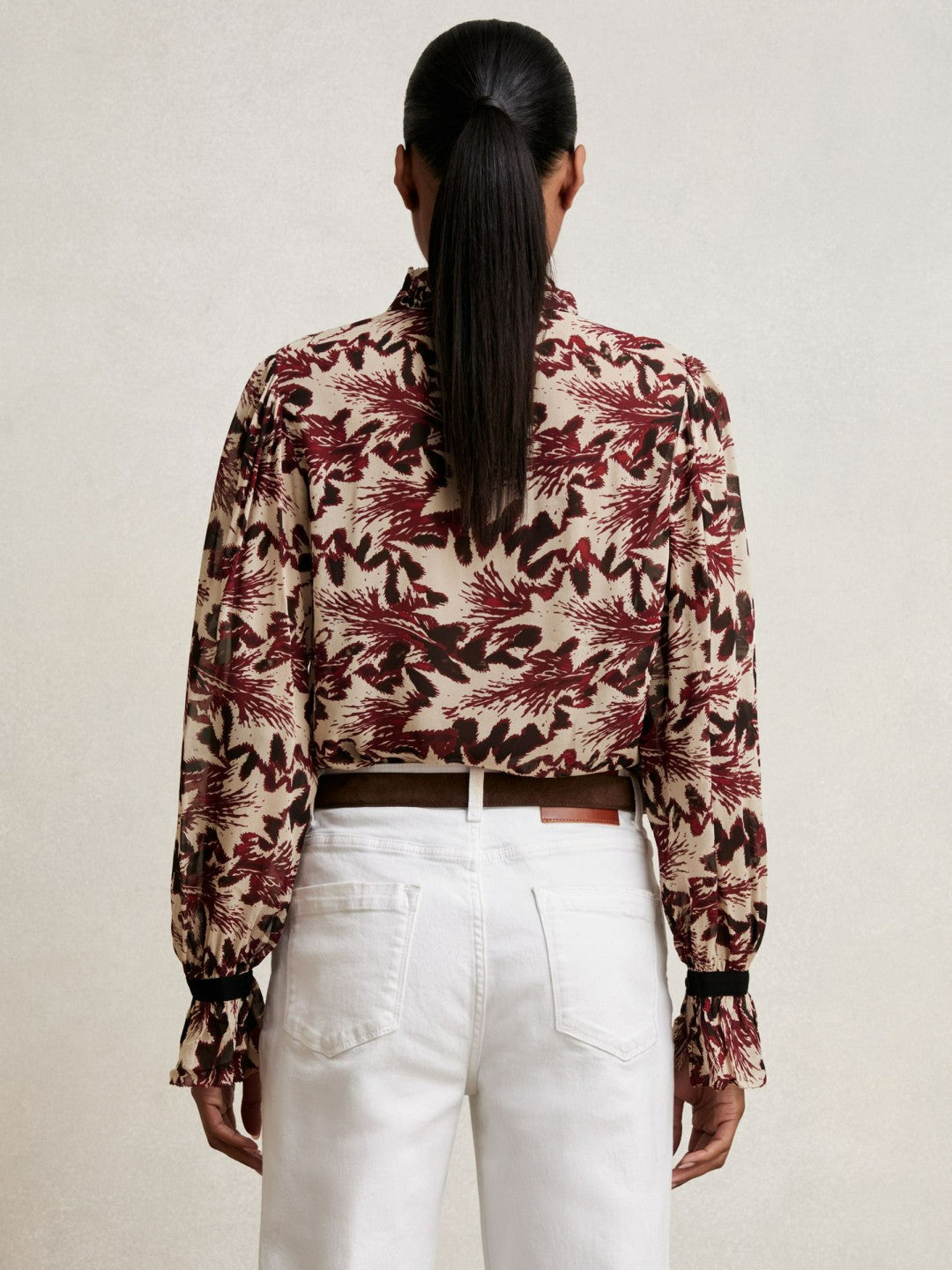 Abstract-Print Ruffle-Neck Shirt Burgundy/Cream | Womens