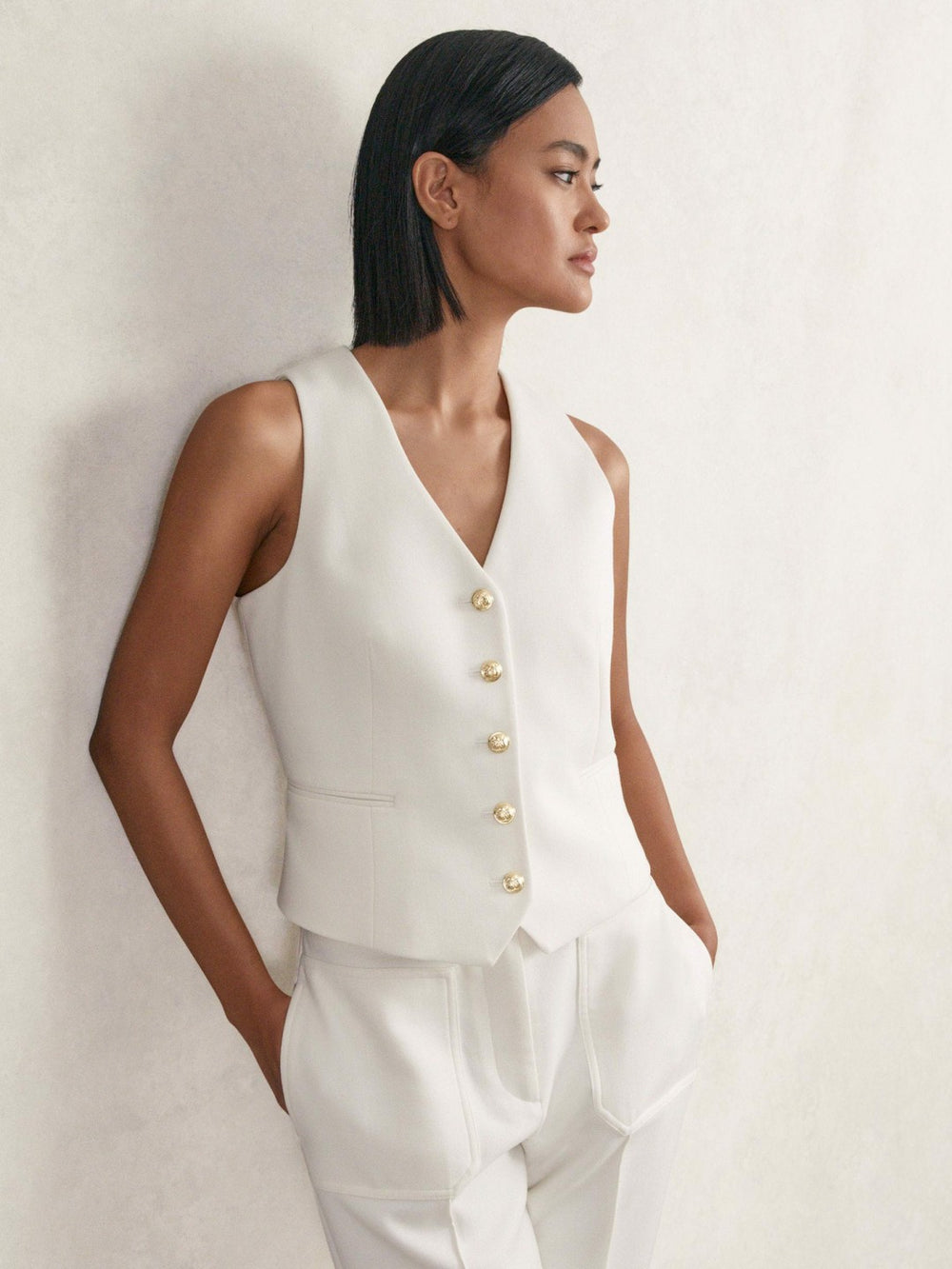 Single-Breasted Twill Waistcoat With Wool White | Womens