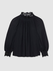Lace-Trim Draped Chiffon Top Navy | Womens