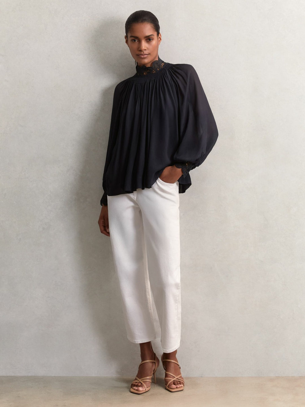 Lace-Trim Draped Chiffon Top Navy | Womens
