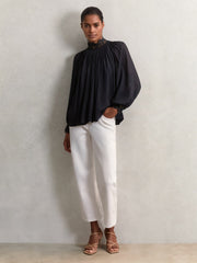 Lace-Trim Draped Chiffon Top Navy | Womens