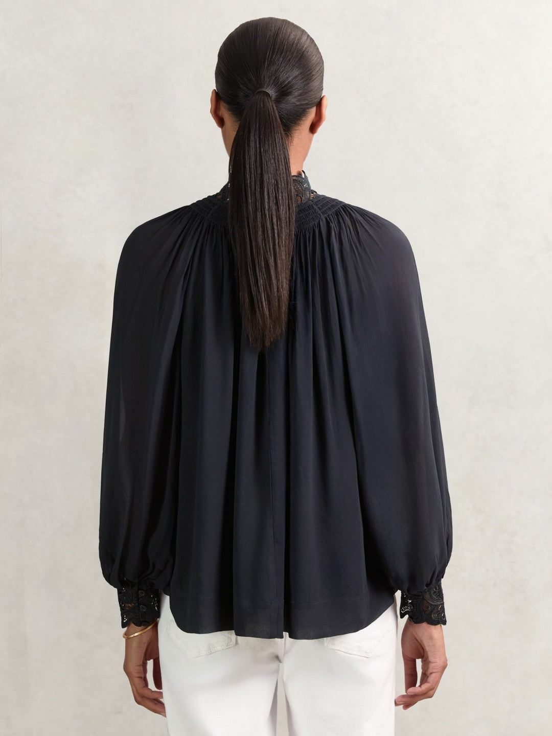 Lace-Trim Draped Chiffon Top Navy | Womens