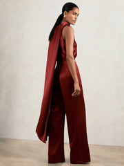 Petite Satin Cape-Sash Jumpsuit Dark Red | Womens