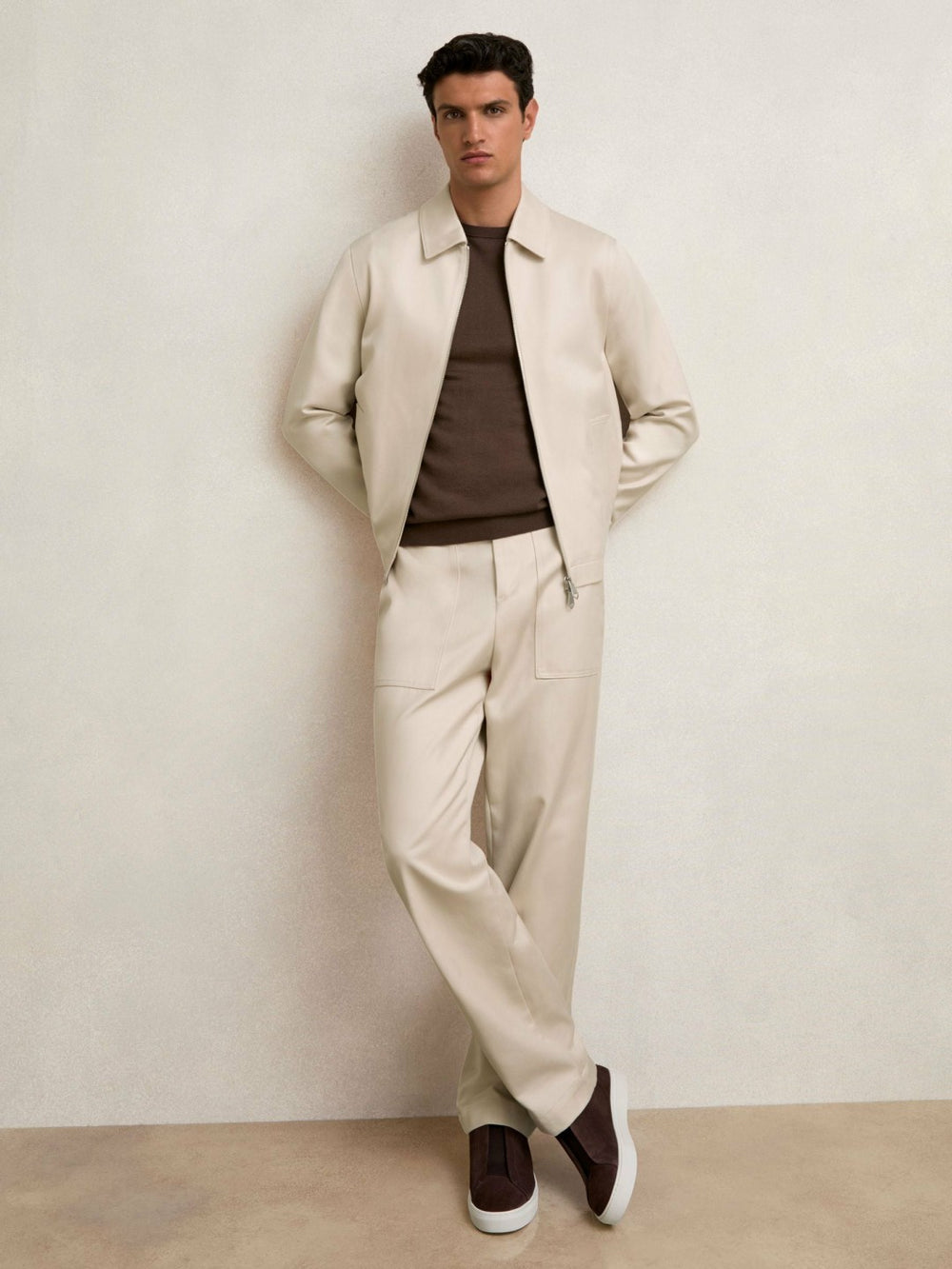 Lyocell Cotton Wide Utility Trousers Ecru | Mens