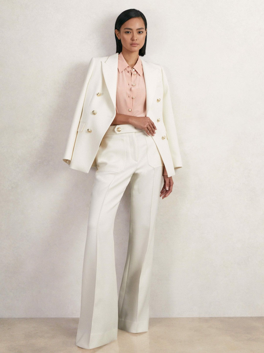 Petite Twill Button-Tab Flared Trousers With Wool White | Womens