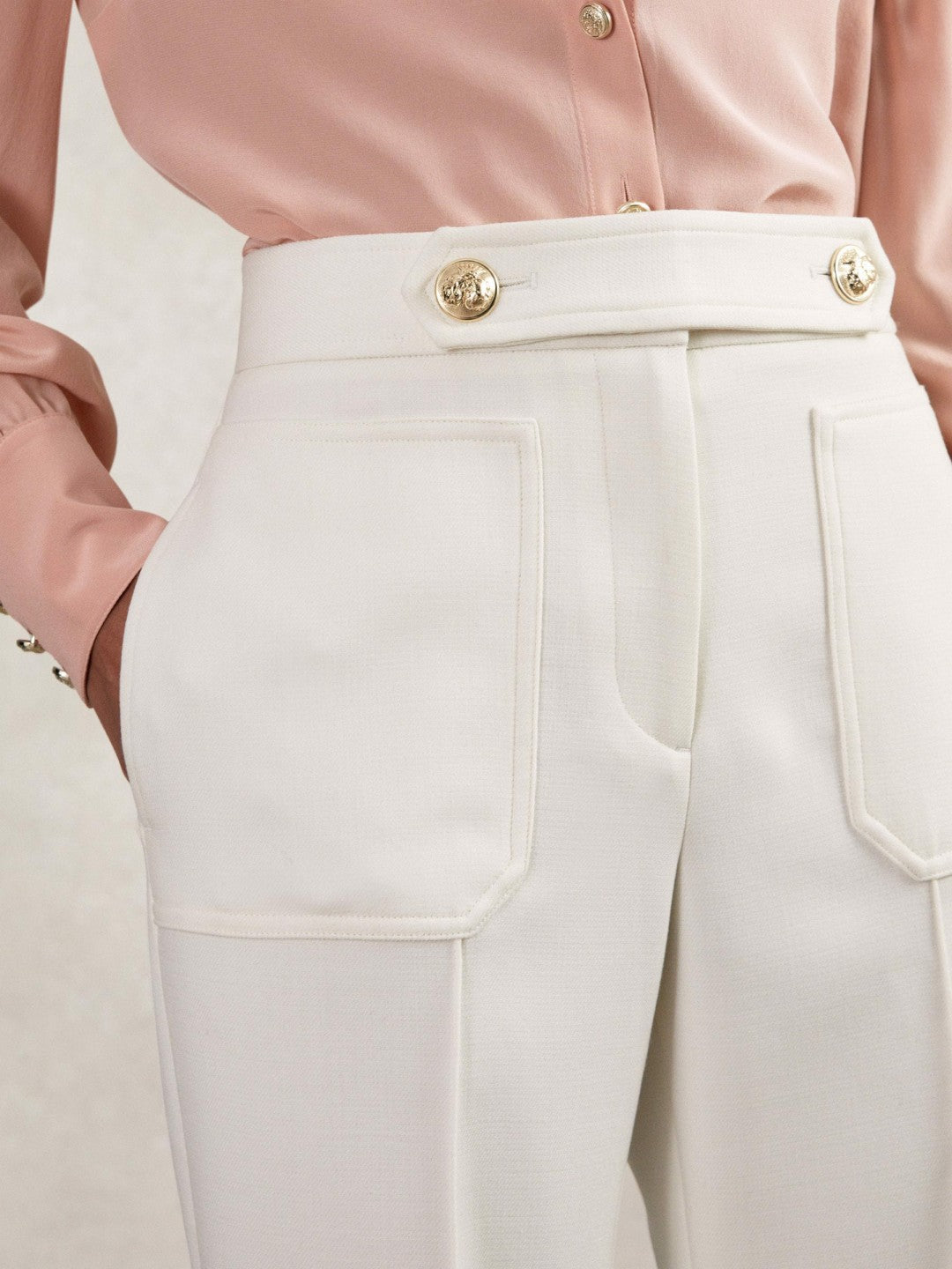 Petite Twill Button-Tab Flared Trousers With Wool White | Womens