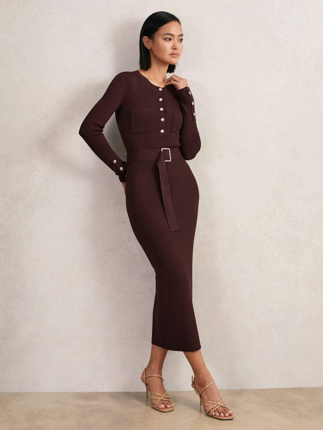 Buttoned Rib-Knit Midi Dress Burgundy | Womens
