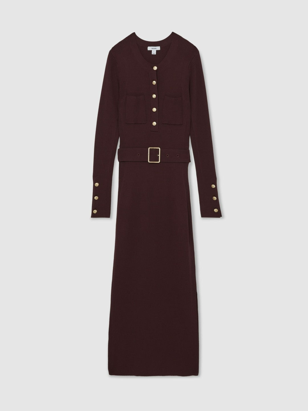 Buttoned Rib-Knit Midi Dress Burgundy | Womens