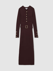 Buttoned Rib-Knit Midi Dress Burgundy | Womens