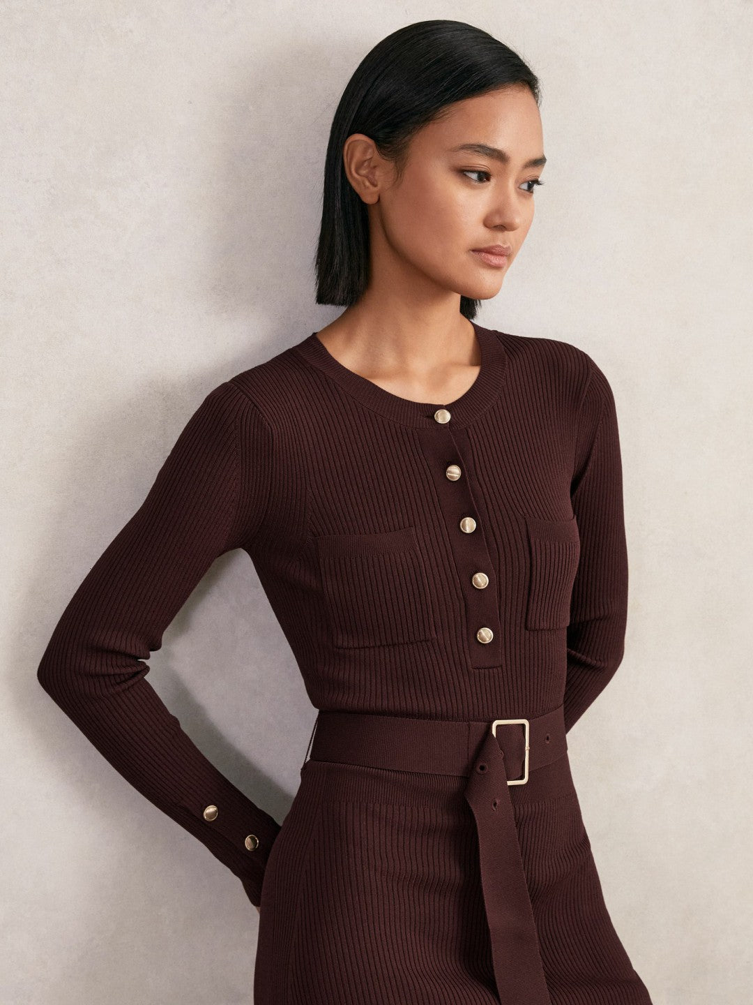Buttoned Rib-Knit Midi Dress Burgundy | Womens